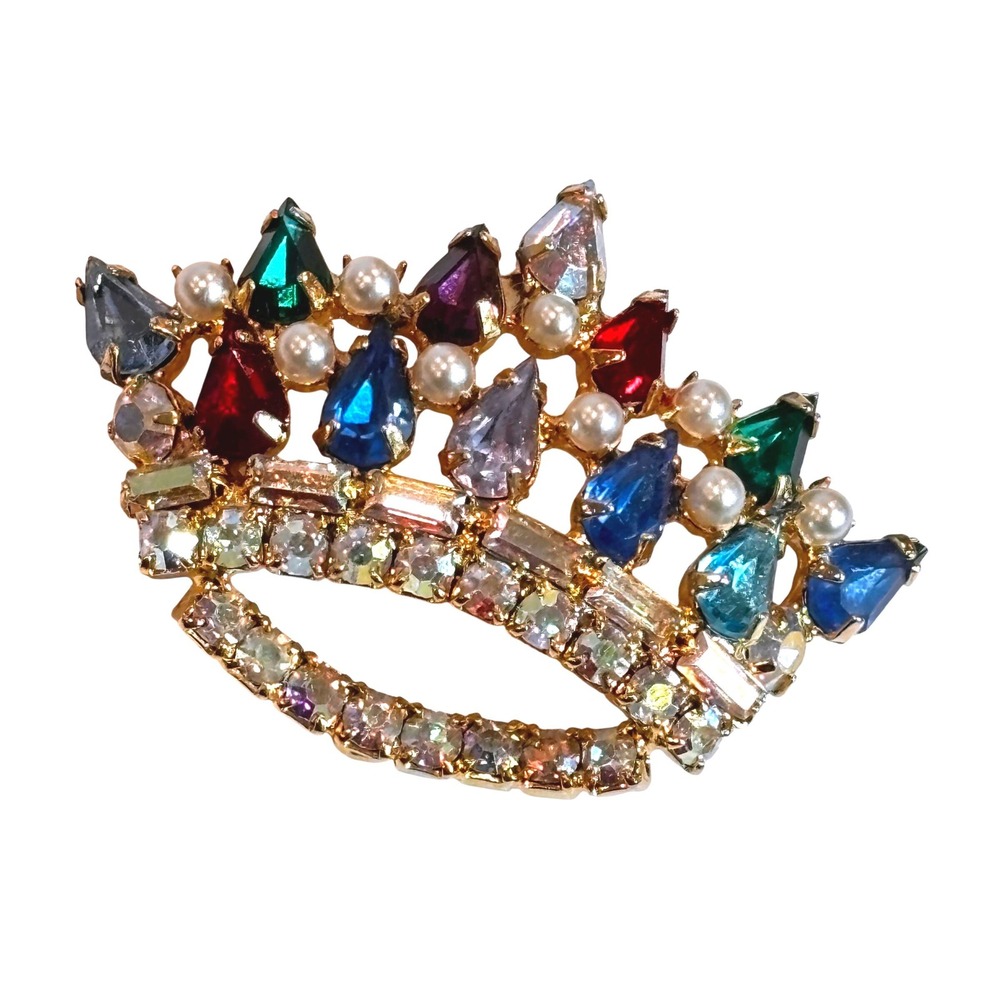 Vintage Gold‎ Tone Tiara Crown Brooch Multi Color Rhinestone Faux Pearl Sparkle!